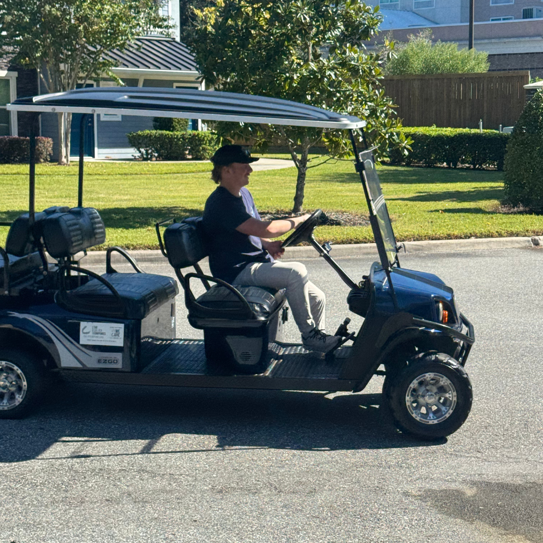 Golf cart fleet in motion demonstrating professional maintenance and reliability